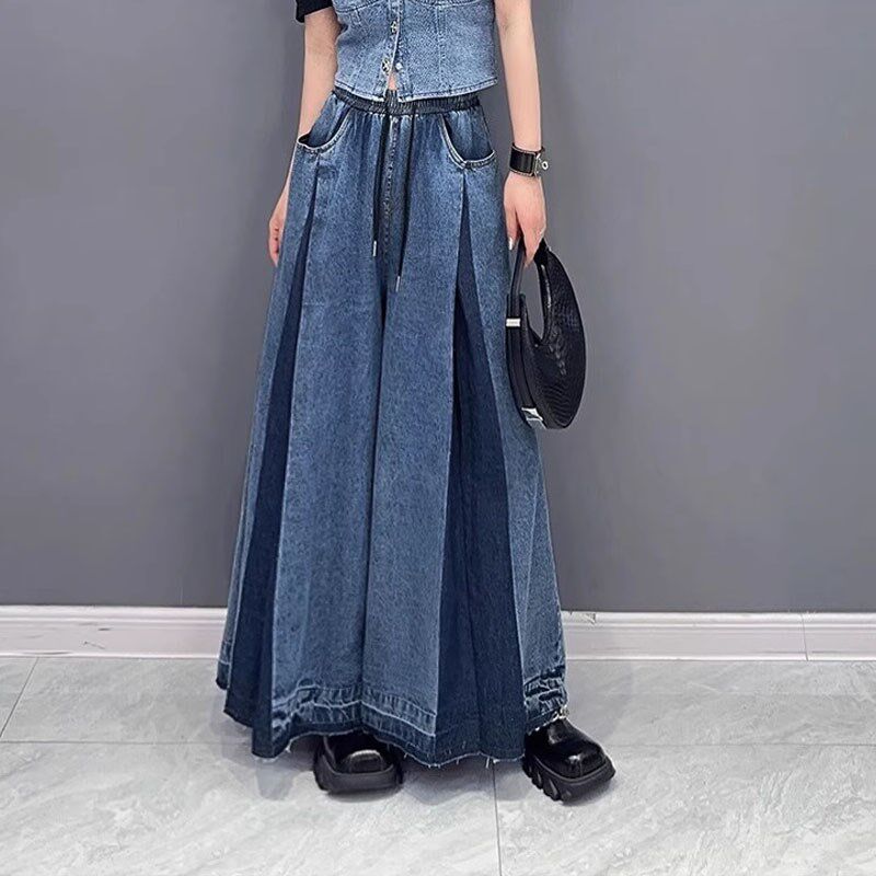 撞色高腰阔腿牛仔裤女2025年春夏复古港味辣妹垂感阔腿裤拖地裤子