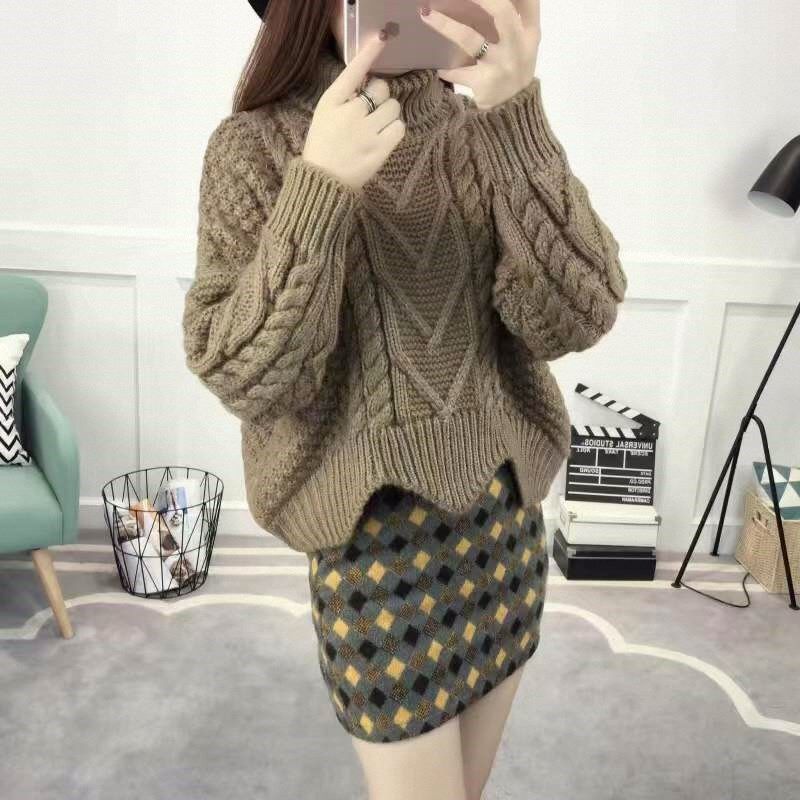 女/冬 套头不加绒学生高领宽松秋冬外套加绒韩版毛线粗短款毛衣加