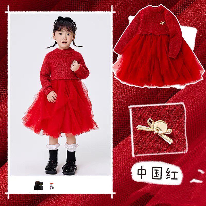 吧啦无吊牌女童连衣裙秋冬款儿童红色裙子宝宝周岁礼服公主裙喜庆