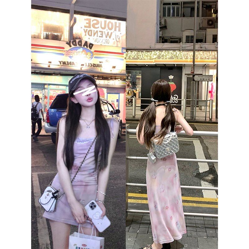 连衣裙女早春新款韩版褶皱蕾丝吊带短裙海边度假风开叉收腰长裙子