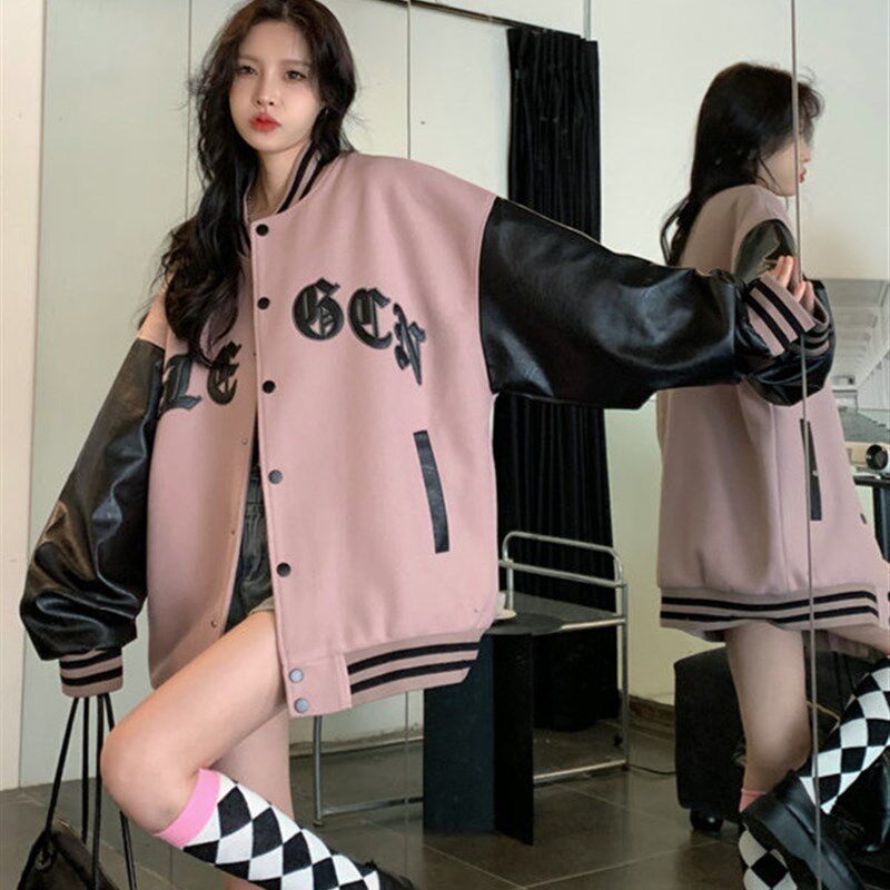 甜酷皮粉棒球服女春秋款2023年新款学生宽松复古美式拼接夹克外套