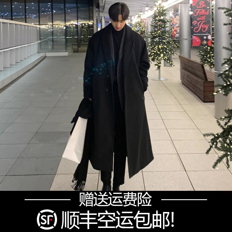 冬季新款顺毛呢子大衣男长版过膝韩版宽松帅气毛呢外套男英伦风衣