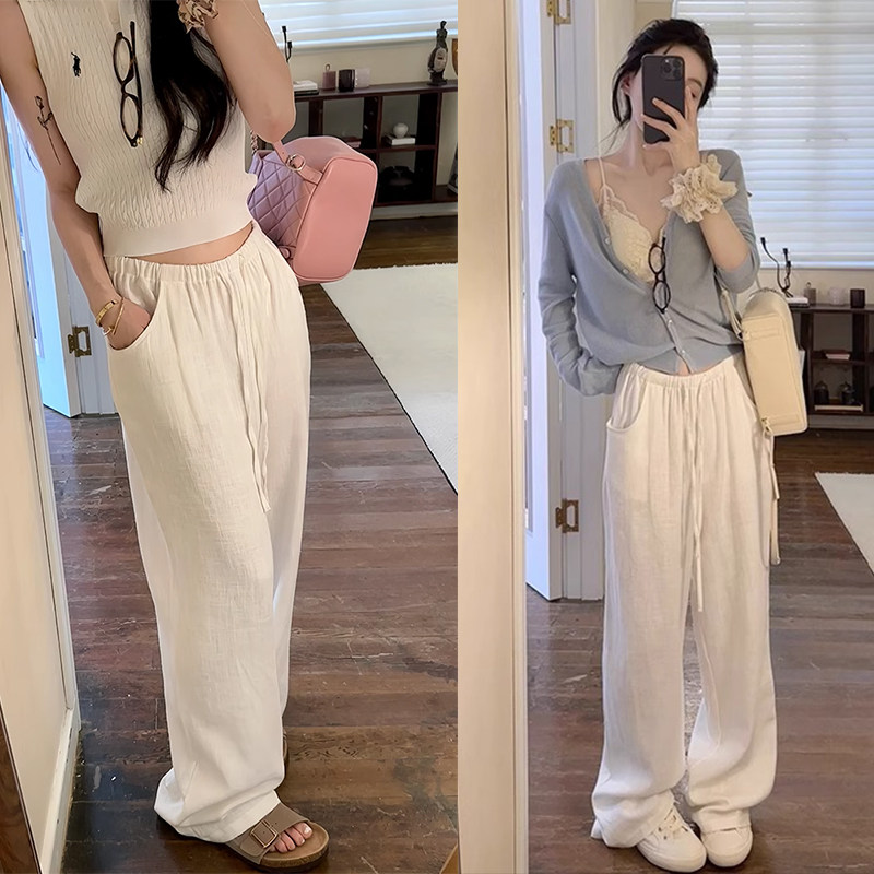 棉麻白色裤子女秋季宽松垂感慵懒质感不透直筒裤拖地休闲阔腿裤