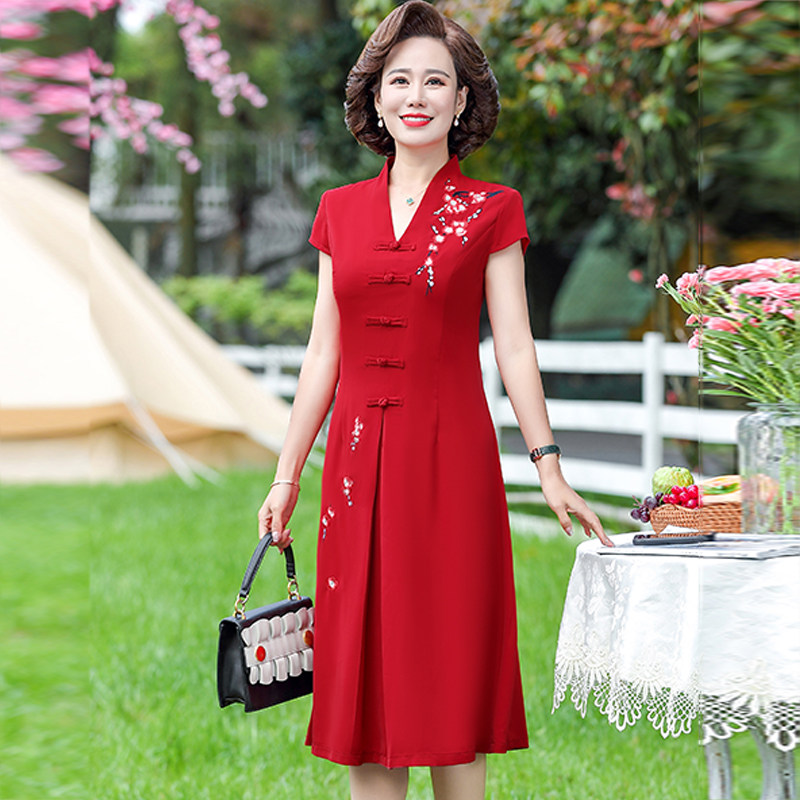 夏季女中老年妈妈装红色过膝薄款短袖雪纺婚礼婚宴礼服连衣裙长裙