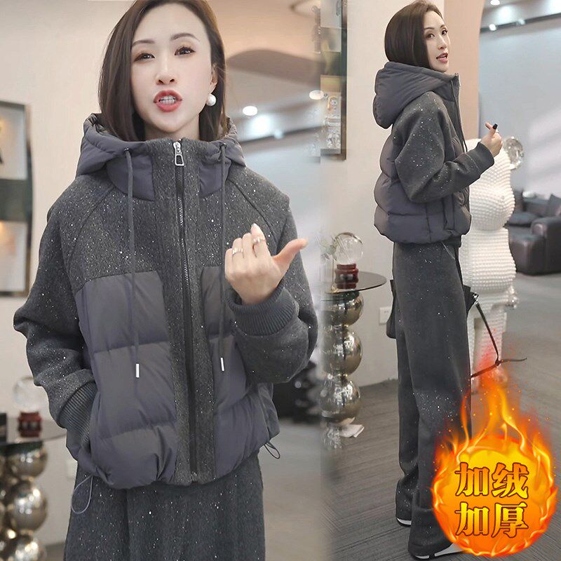 时尚休闲套装女2024冬季一整套高级感连帽棉服外套+加厚直筒裤子