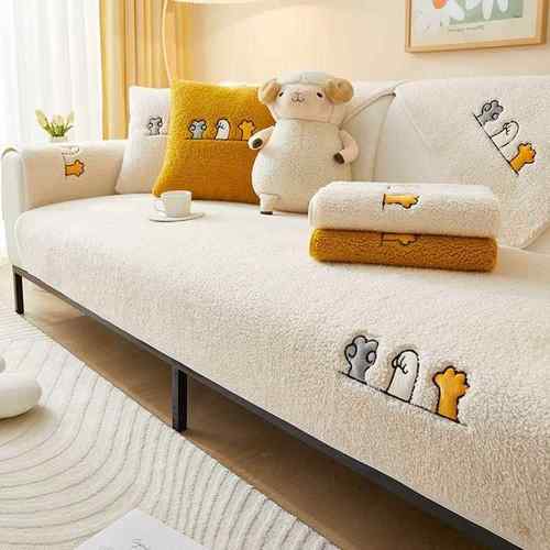 卡通童趣羊羔绒沙发垫冬季保暖蓄热毛绒加厚沙发套罩防滑全包盖布