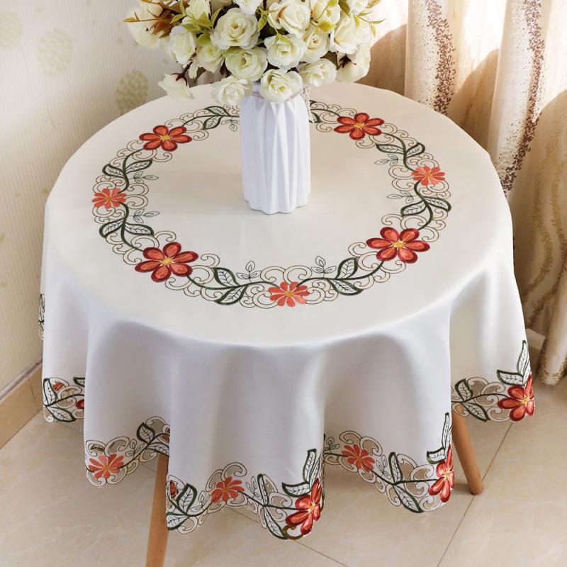 形圆小ZGE圆桌桌感蕾丝白纱布刺色绣花镂空餐台布家用小户型方桌