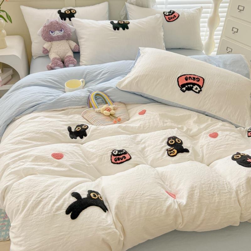 超新款四季柔水洗棉毛巾绣被CSD套四件套床单笠三款幸床运猫宿舍