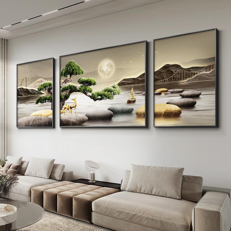 运福禄装背饰高档山水画沙发景挂画画轻石奢迎客松三联NIO壁画