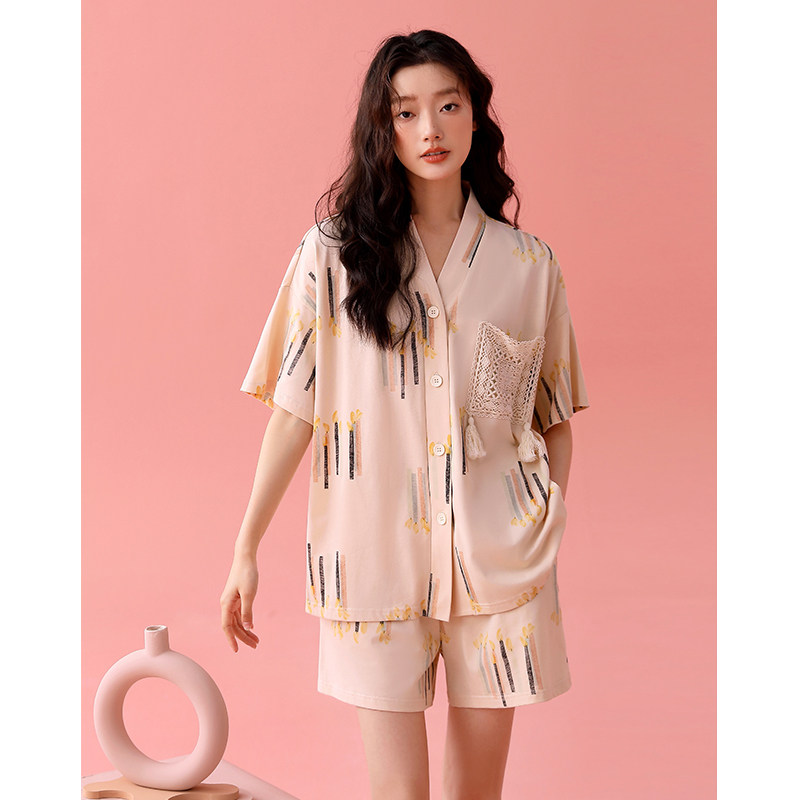 睡衣女夏季凉感纯棉短袖短裤粉色甜美开衫无领家居服宽松大码套装