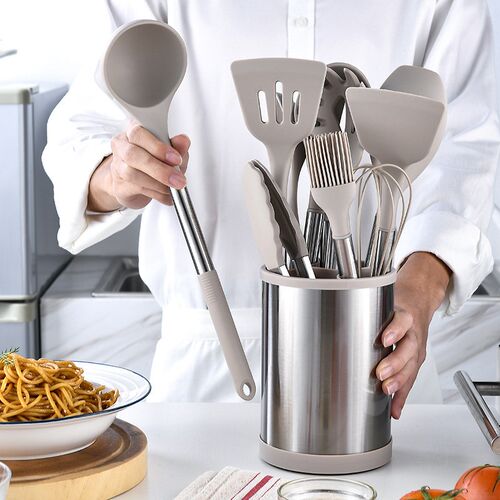 旋转厨具收e纳桶硅胶厨具12件套套装 厨房锅铲汤勺烹饪用具套装