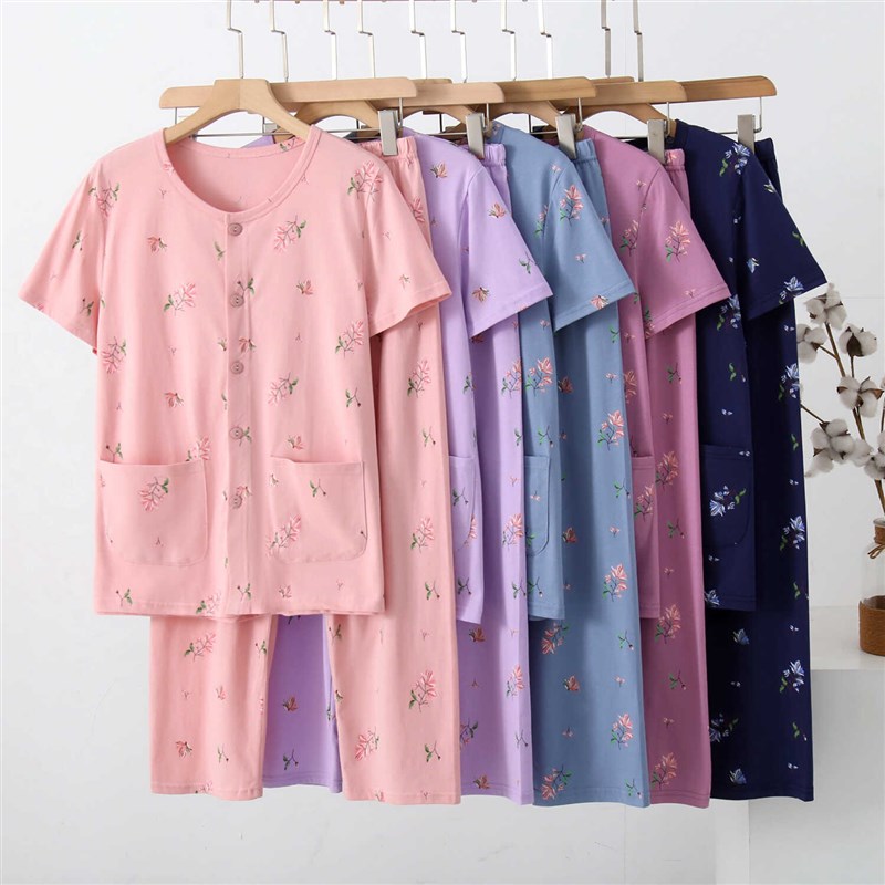 女纯棉短袖睡衣套装中老年人全棉家居服对襟妈妈夏季薄款宽松汗衫