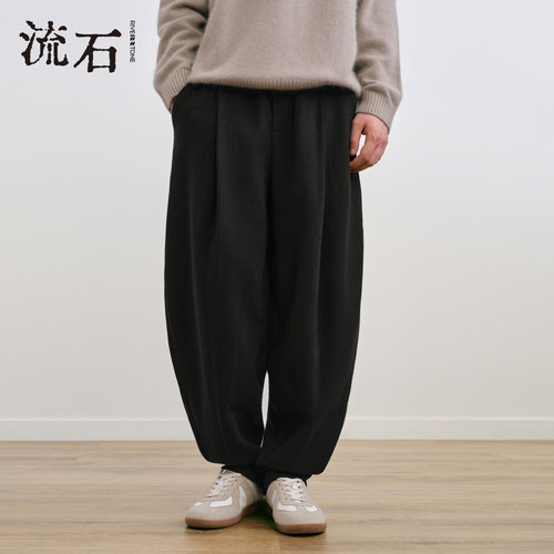 流石男装磨毛简约休闲九分裤子2026年冬季新款男士加厚微弹弯刀裤