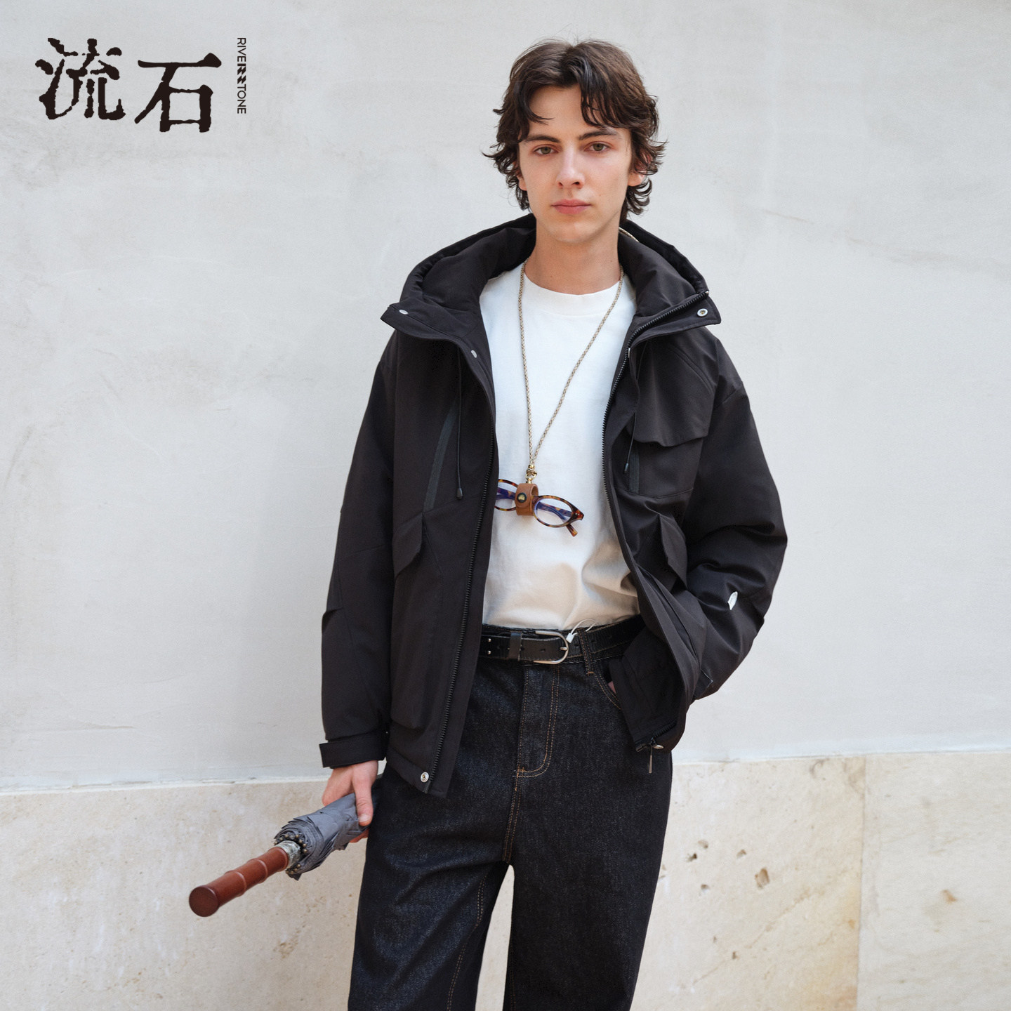 流石男装工装风短款羽绒服男2026年冬季新款连帽夹克