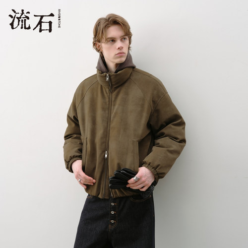流石男装复古仿麂皮羽绒服2026年冬季新款老钱风夹克