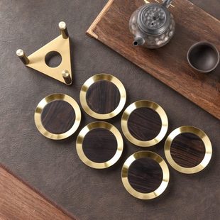 家用高档功夫杯托隔热防烫茶杯垫茶道配件 黄铜黑檀实木杯垫6个装
