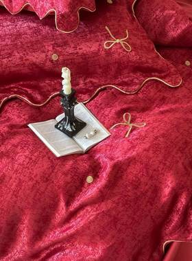 001支长棉四件套提花蝴NHY蝶结红色结婚床床上用品被绒套单高档轻