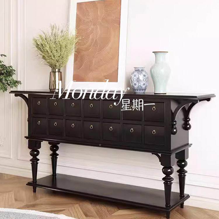 法式中隔古木玄关桌靠墙边柜断客厅入户黑色抽屉复古储物多SZC实