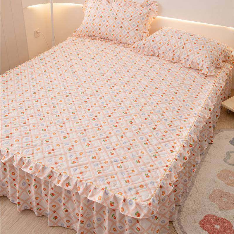 新款夹棉水棉季印花双花边床裙款三层VZV件套家用小洗清新床罩四