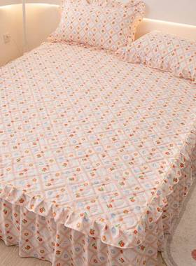 新款夹棉水棉季印花双花边床裙款三层VZV件套家用小洗清新床罩四