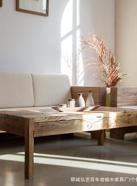 老榆茶水桌家用老木门板木RYL古朴年代实茶桌诧寂风原餐木茶几中