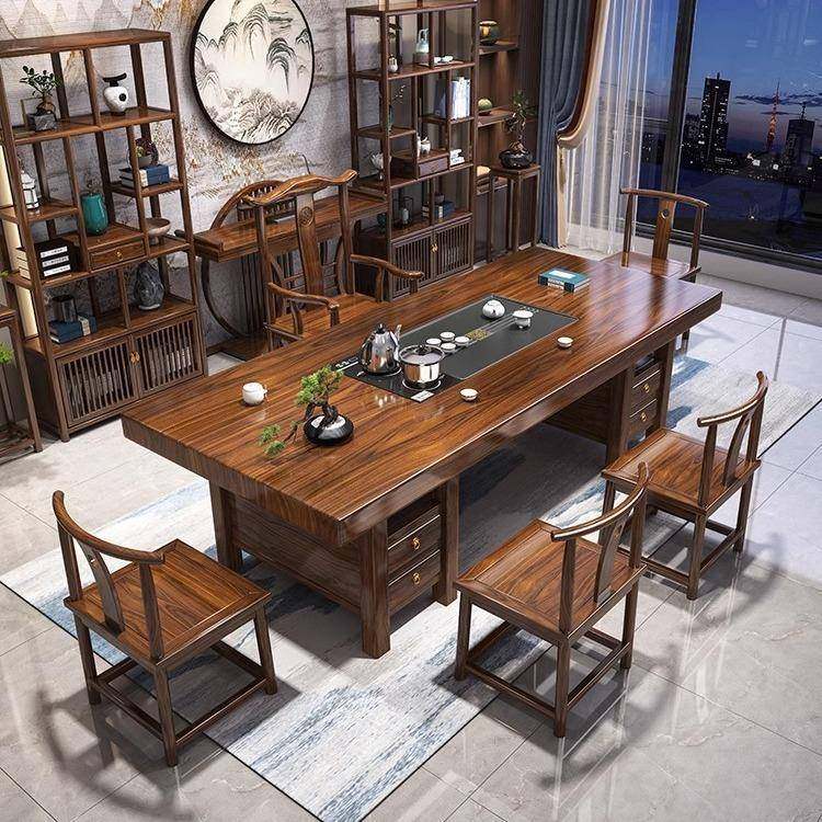 大板实式原木茶桌椅组合一桌HXG五椅新木中茶几办公茶室家用泡台