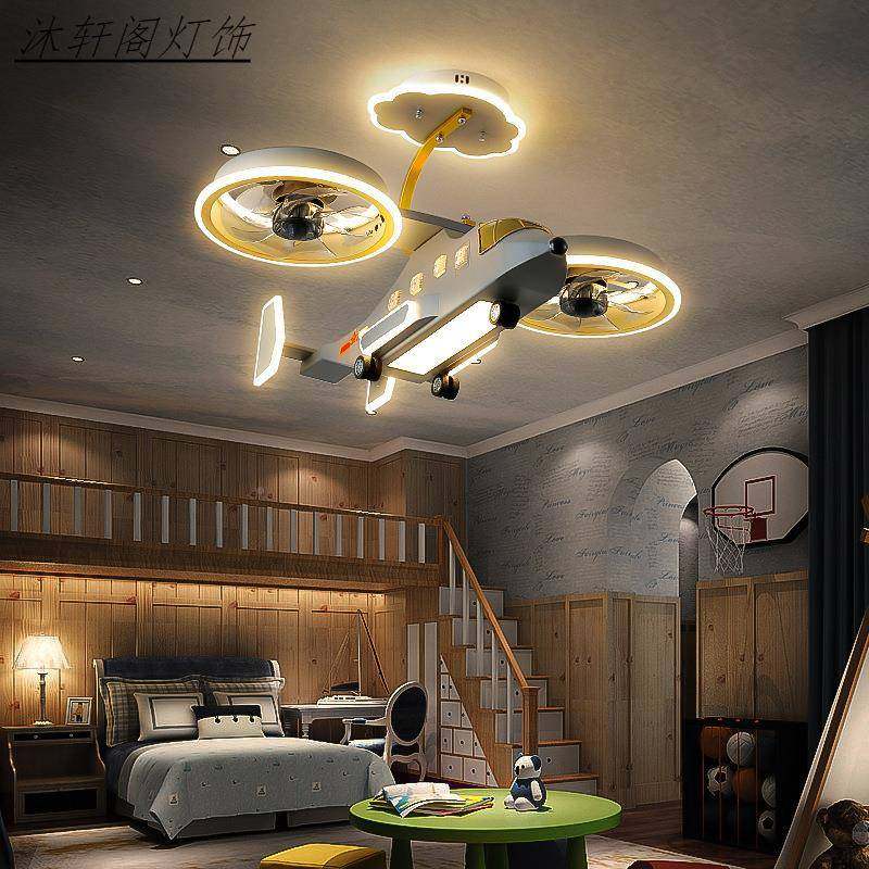 风扇飞灯儿童房男孩卧室吊灯创意阿战凡达斗直升0025模型机房机间