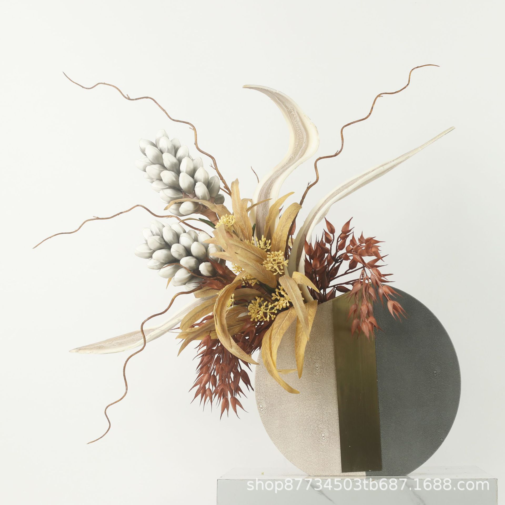 轻奢仿真花束花艺套装餐厅客厅装饰品灰色PU皮花器摆放家居装饰品