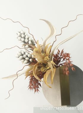轻奢仿真花束花艺套装餐厅客厅装饰品灰色PU皮花器摆放家居装饰品