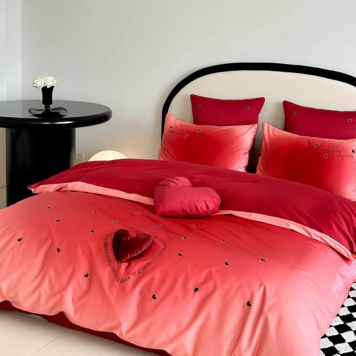 高端渐变通婚庆棉四长件套浪漫绒爱心刺绣被套四MXI季用床品