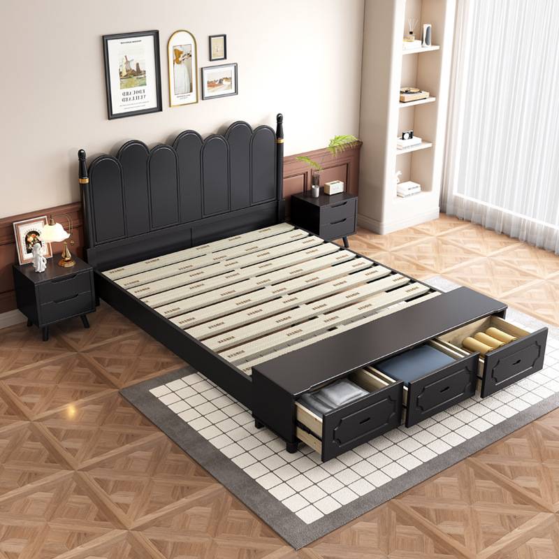 法式复古风主卧1.8m现代简约实木床黑色双人婚床中古风大床储物床