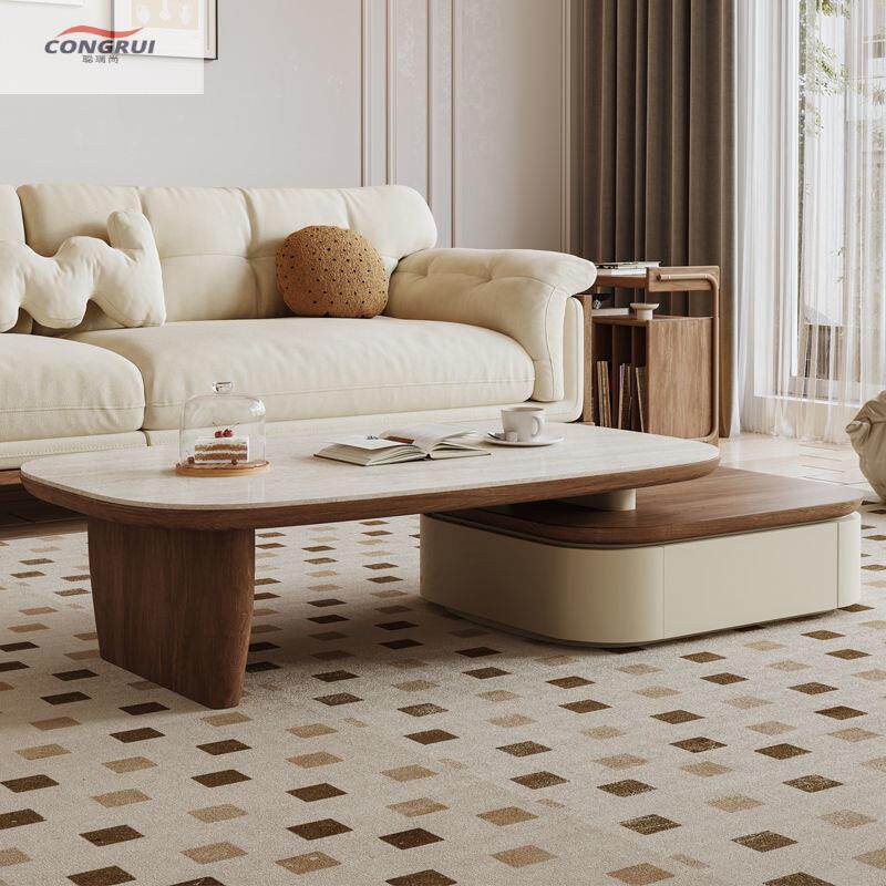 家用客厅小户几型中古圆形风茶组小FQD圆桌胡桃木电视柜合茶几