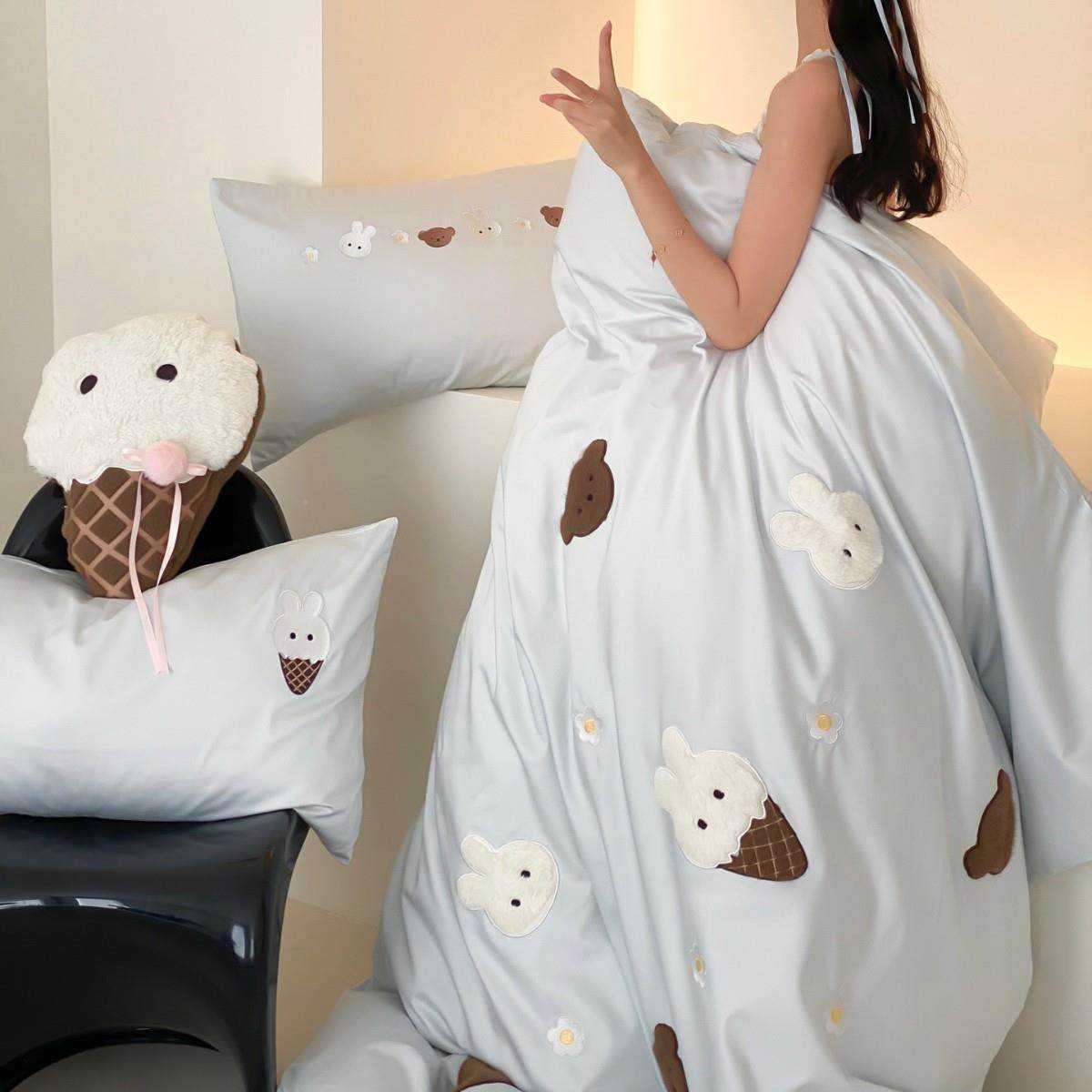 卡通风澳全棉四棉件套可爱布绣粉纯贴棉被罩床单床ZSI上用品蓝色