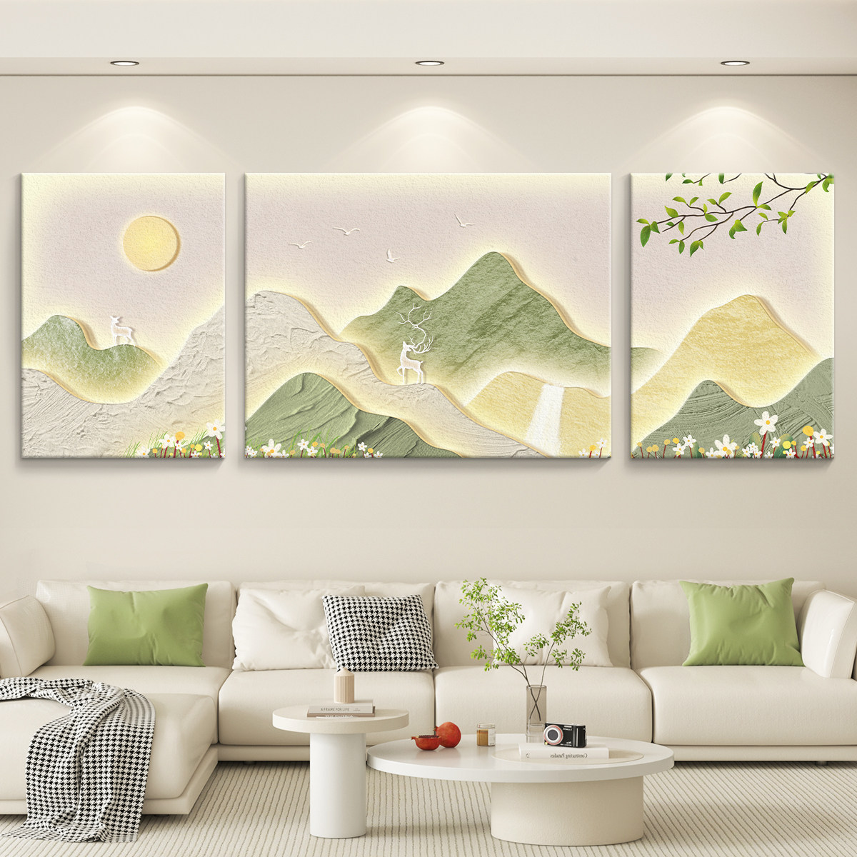 奶油风客厅装饰画沙发背景墙挂画壁画立体砂岩轻奢高级感大气三联