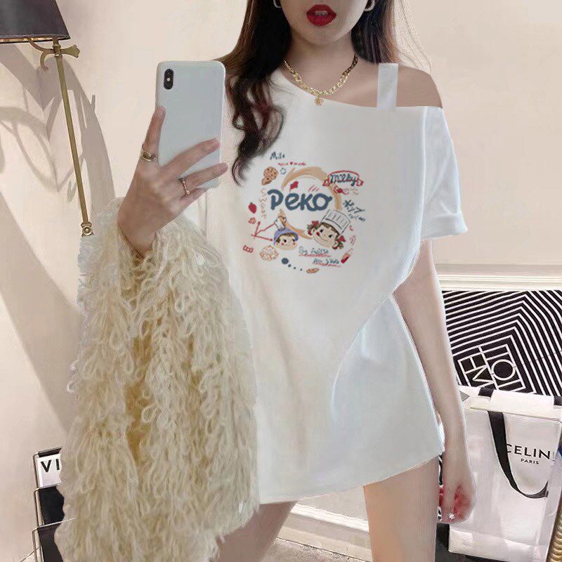 减龄中长款一字肩短袖t恤女2025夏季新款纯棉白色下衣失踪体恤潮