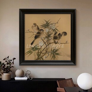 宋代美学喜上眉梢手绘油画新中式 饰画复古玄关挂画 花鸟客厅卧室装