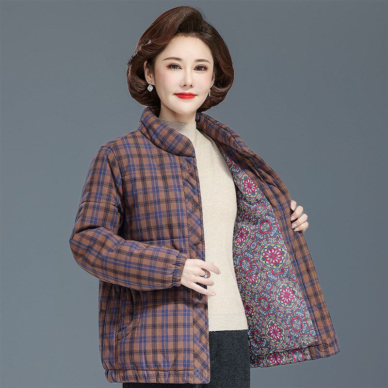 中老年女冬装纯棉格子奶奶棉衣保暖加厚棉服妈妈上衣棉袄立领外套