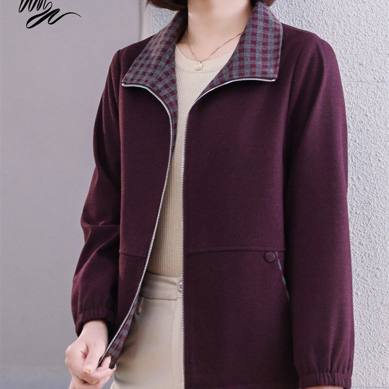 妈妈秋装时尚外套2025新款中年女宽松开衫格子领上衣中老年女春秋