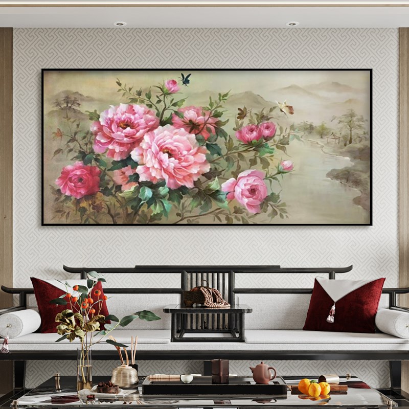新中式手绘客厅牡丹欧式油画花开富贵卧室餐厅挂画背景墙装饰画