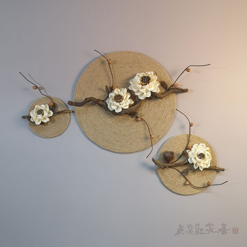 睡莲清韵麻绳圆形装饰画禅意新中式家居壁饰挂件干花玄关墙饰新品