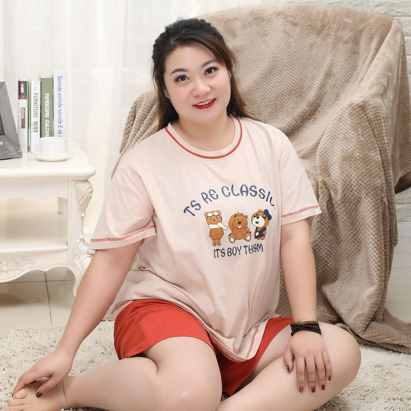 大码睡衣女纯棉夏季加肥加大码宽松胖mm200斤家居休闲服套装