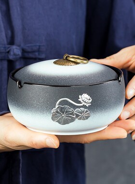 烟灰缸陶瓷带盖烟缸家用防风复古中号密封潮流创意可定制LOGO