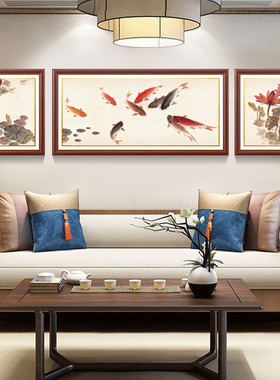 喜事连连新中式客厅装饰画餐厅卧室三联画沙发背景墙壁挂画九鱼图