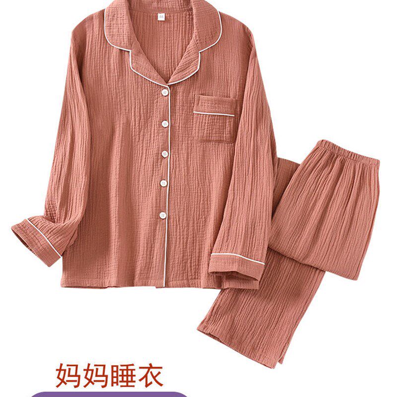 女装睡衣纯棉女式春秋中老年家居服2020新款褶皱棉老年长袖西装睡