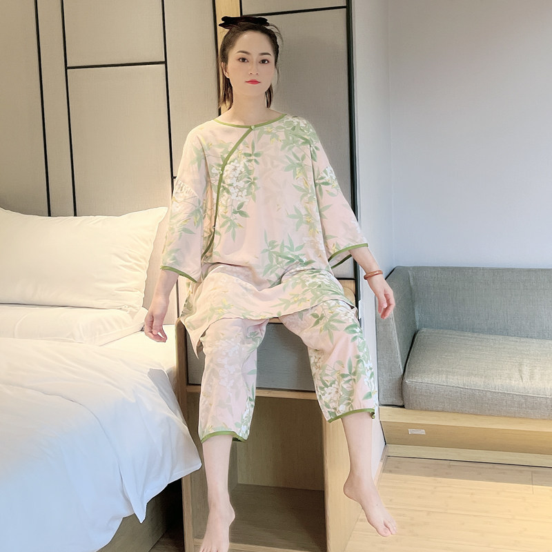 2025夏季大码女士睡衣印花国风圆领盘扣家居服五分裤短袖胖MM套装