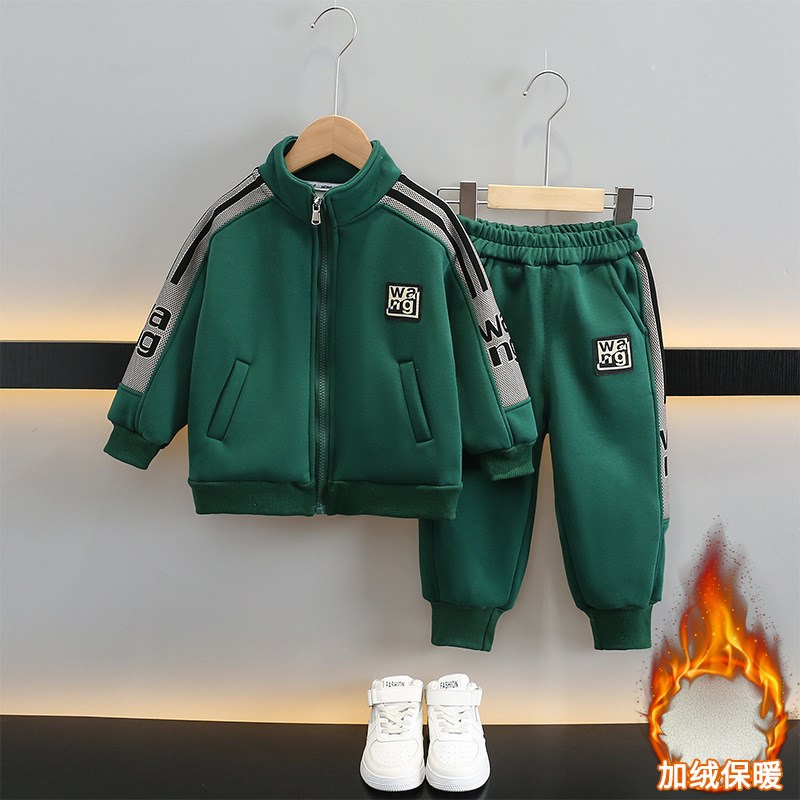男童休闲运动开衫织带加绒加厚套装秋冬装中小Q儿童拉链衫二件套