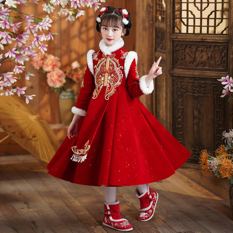 汉服女童拜年服冬季2024新款中国风唐装新年旗袍儿童过年喜庆衣服