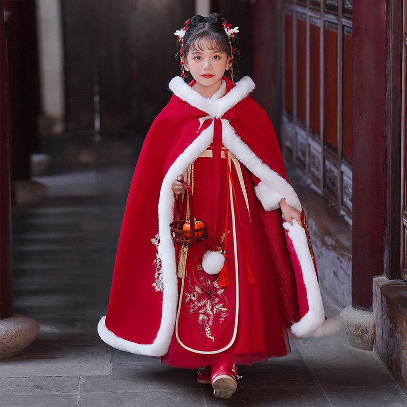 女童唐装汉服儿童套装冬季过年衣服拜年服女孩冬款裙子女宝新年冬