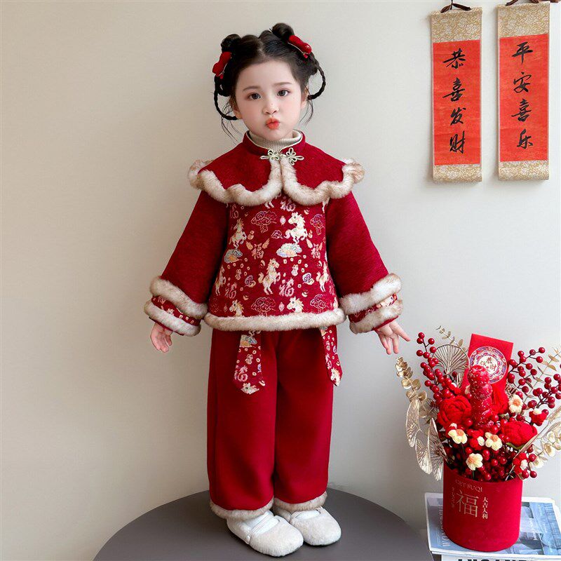 女小童拜年服套装冬季儿童中国风加厚唐装女宝宝喜庆汉服过年冬装