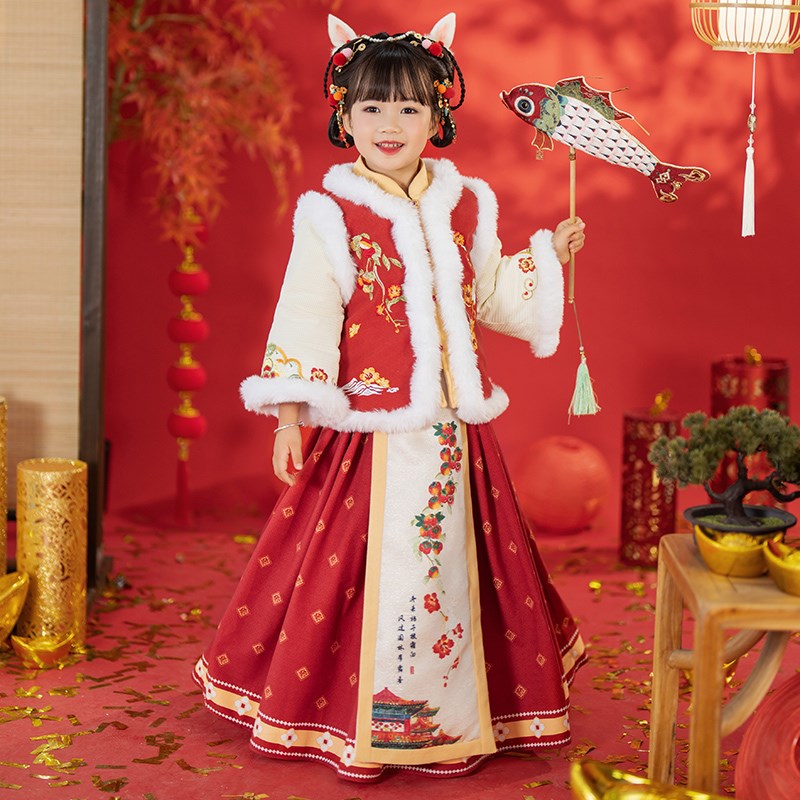 汉服女童冬装宝宝中国风明制套装小女孩古装冬季新年装过年拜年服